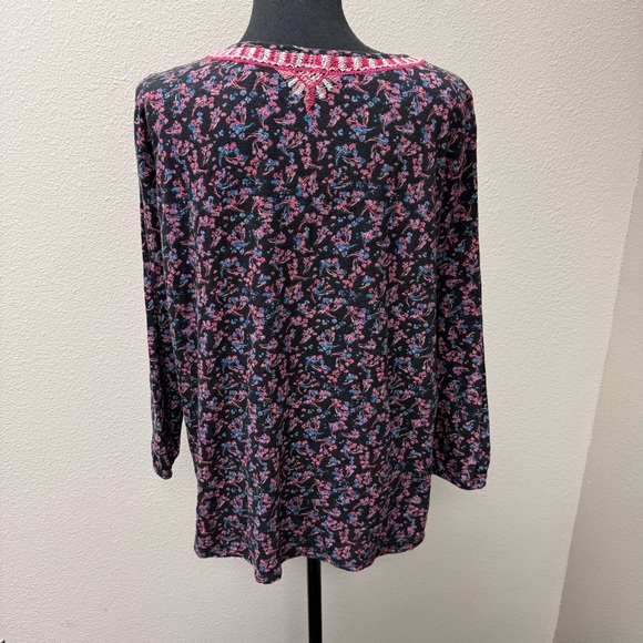 Lucky Brand Black Pink Floral Embroidered Boho Peasant Blouse Tassel Tie XL - Picture 5 of 8